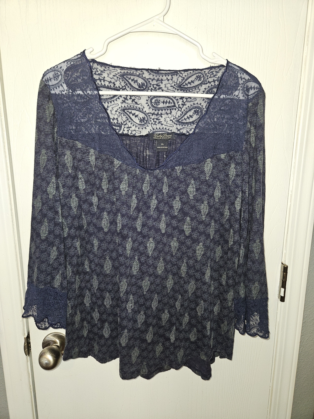 Lucky Brand Navy Paisley Lace-Trim V-Neck Blouse